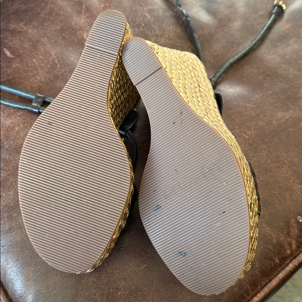 Coach Black Leather Wedge Sandals with Braided Espadrille - Picture 12 of 16